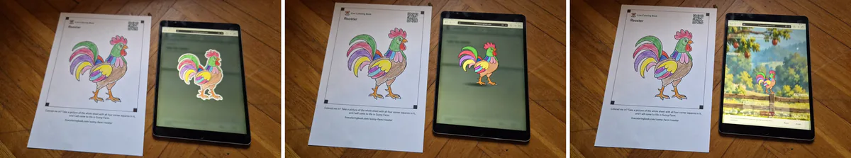 Three photos of the crayon rooster sheet beside an iPad: the drawing cut out like a sticker, then alive, then walking on Sunny Farm.